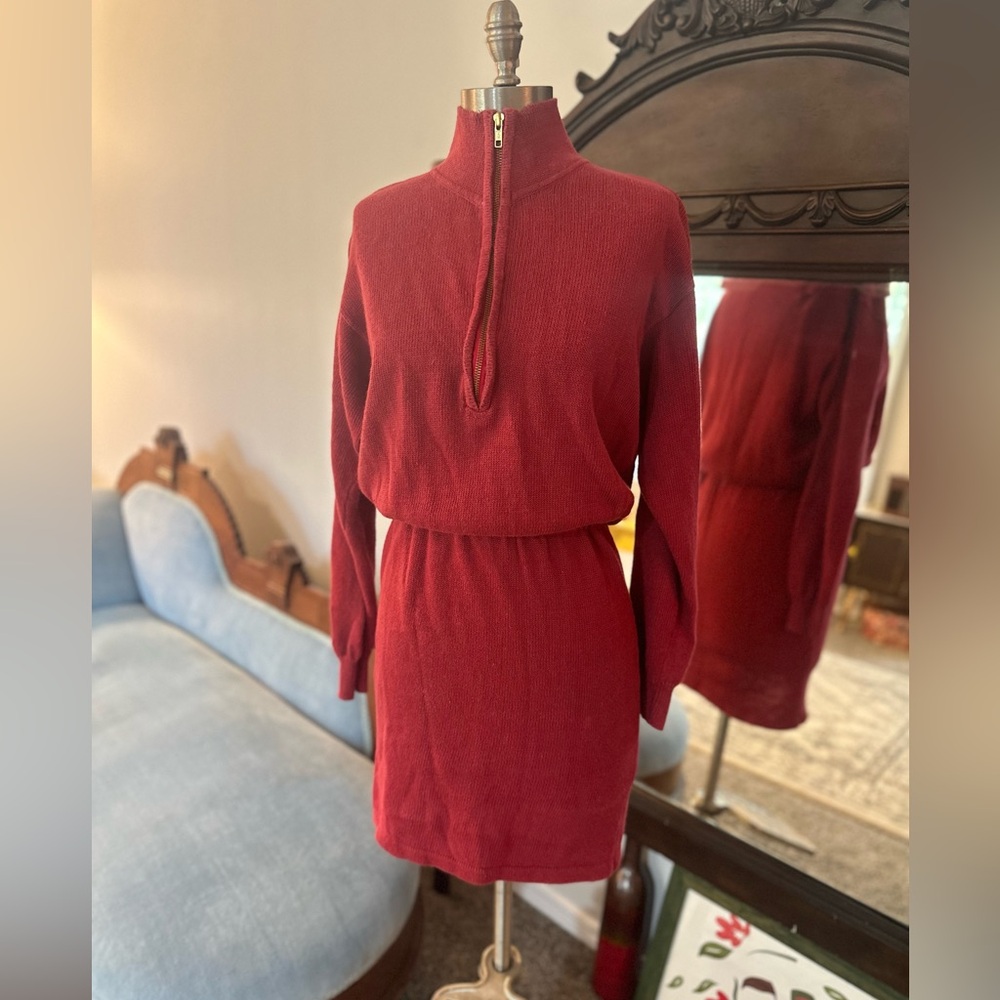 VTG 80s Mini Red Zip Elastic Waist Sweater Dress Size Medium